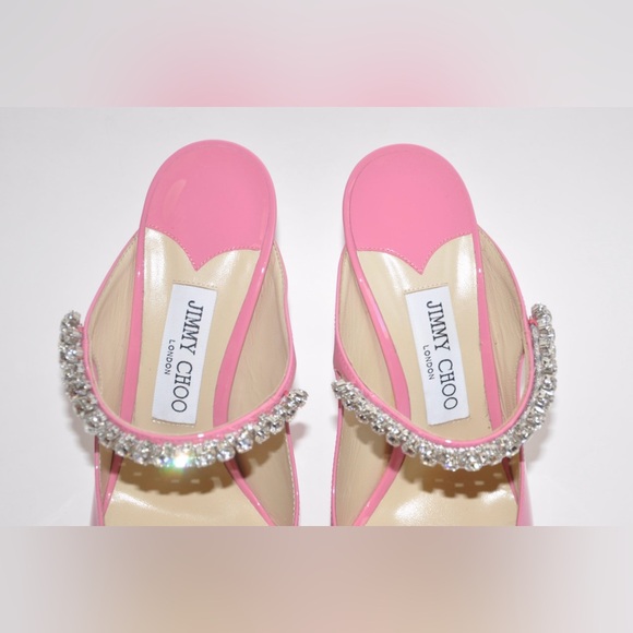JIMMY CHOO Bing 100 Embellished Patent Leather Pink Mule Heels Size 38.5 / 8.5 - Picture 4 of 12